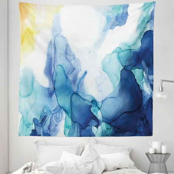 Marble Tapestry, Abstract Themed Illustration of Hazy Shadows Smoke Forms Print, Fabric Wall Hanging Decor for Bedroom Living Room Dorm, 5 Sizes, Seafoam Night Blue and Yellow, by Ambesonne