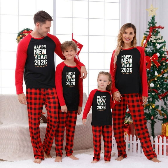 Christmas Family Matching Pajamas Christmas Pjs Holiday Nightwear Sleepwear Sets Long Sleeve Red and Black Plaid Pants Pjs HAPPY NEW YEAR 2026