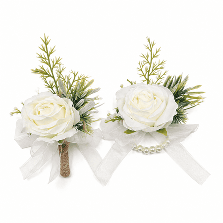 Kabuer Ivory Rose Wrist Corsage and Matching Boutonniere Set for Wedding and Prom Flower Accessories