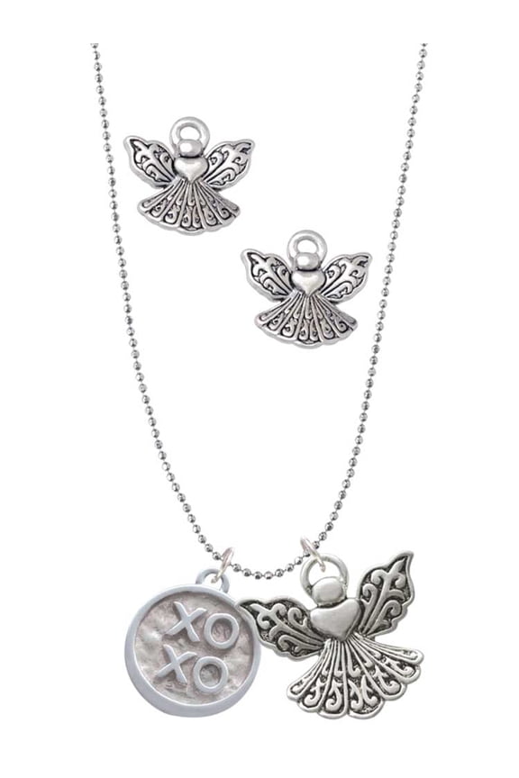 Silvertone XOXO - Round Seal Silver tone Guardian Angel Charm Necklace and Stud Earrings