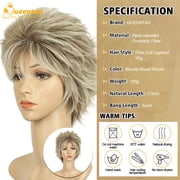 QUEENTAS Blonde Wigs for Women Layered Short Blonde Wig with Highlight Synthetic Pixie Cut Wigs with Bangs Glueless Wig Blonde Mixed Brown