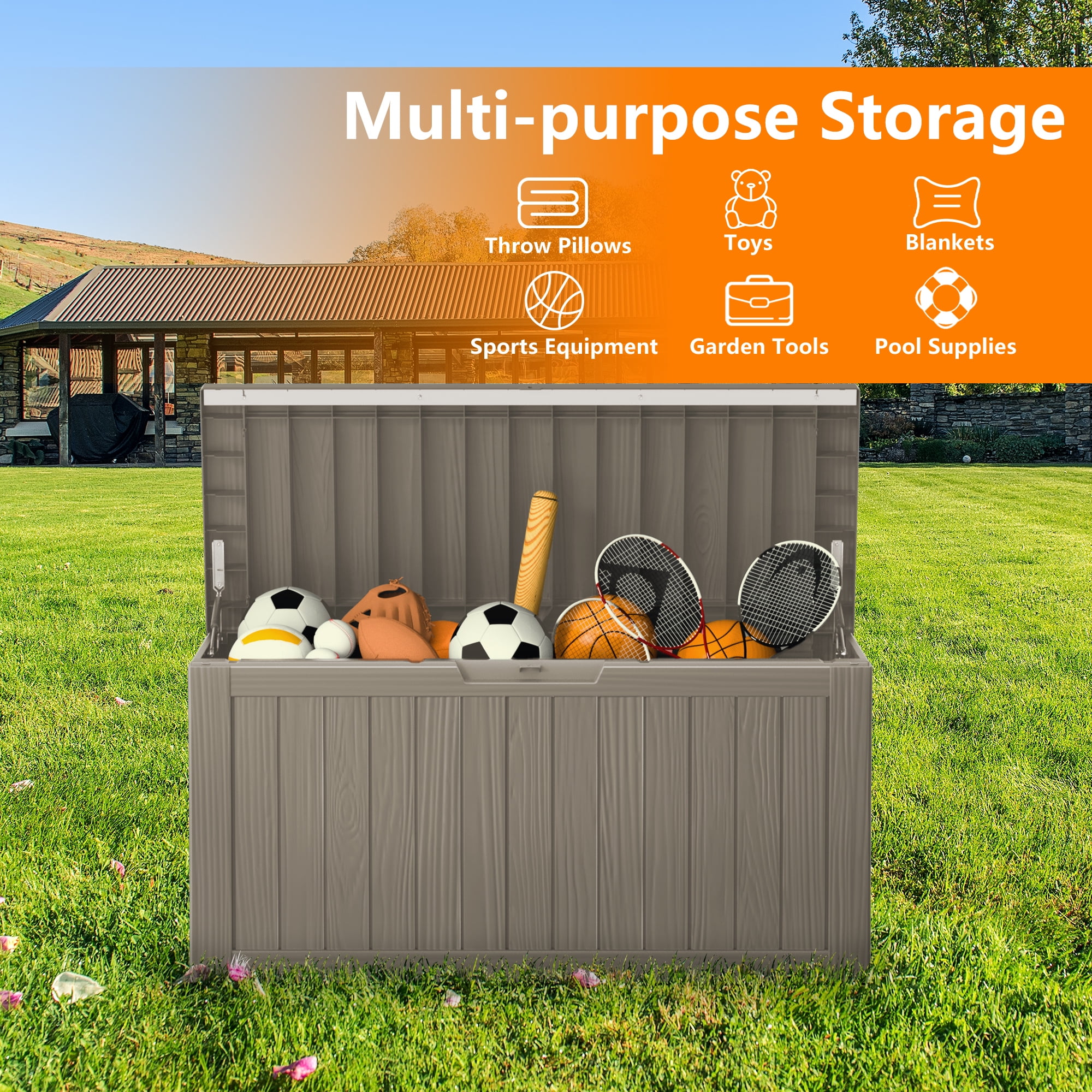 MAYEERTY 80 Gallon Outdoor Deck Box, Large Capacity Storage Box for Patio Furniture Cushions, Pillow Outdoor Indoor, Light Brown