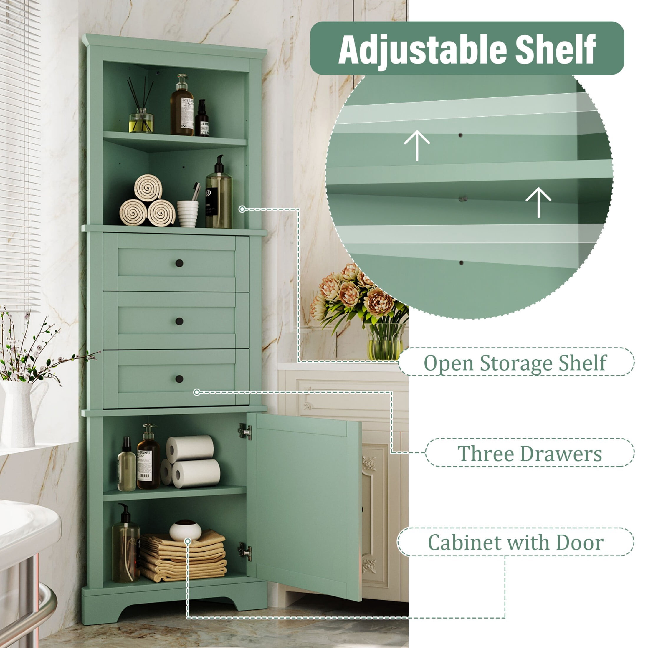 AENKYO 68.9 inch Bathroom Corner Cabinet with Adjustable Shelves, Stylish Corner Storage Cabinet for Home, Green