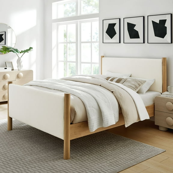 Maven Queen Size Boucle Upholstered Platform Bed in Feather Oak