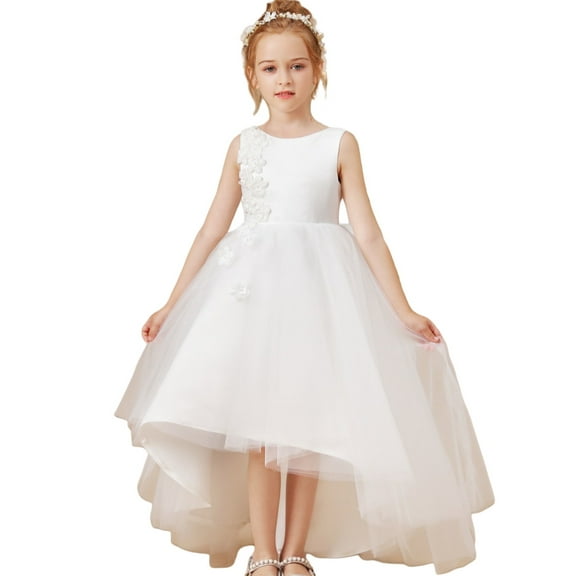 Asymmetric Flower Girl Dress with Detachable Beaded Waistband Scoop Neck Tulle Lace Princess Pageant Dress Birthday Party Dress for Girls Elegant Floral Design Special Occasion 2 -3Years