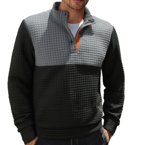 GuangCheng Mens Quilted Sweatshirts,Half Zip,Pullover,Color Block,Casual Warm Tops with Stand Collar,Black,Size S