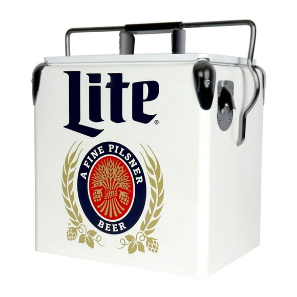 Miller Lite Retro Ice Chest Cooler with Bottle Opener 13L (14 qt), White and Blue