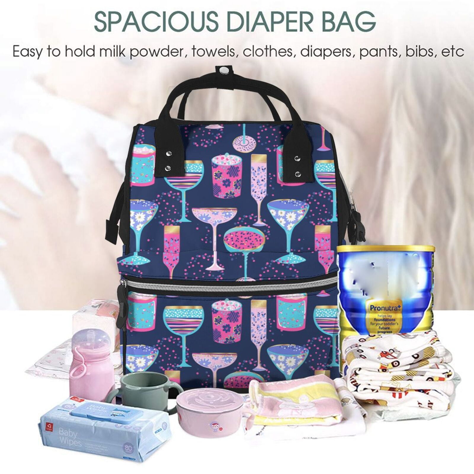 Ratiio Wine Glasses And Cocktails Mummy Backpack - Waterproof Twill Canvas, Large Capacity Diaper Bag with Multiple Pockets and Adjustable Straps