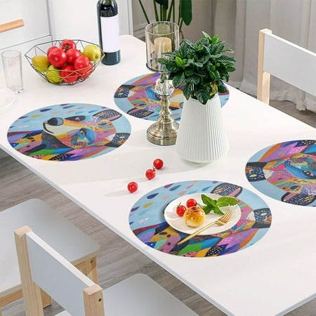 

Round Grid Placemat One Sizex1 Round Placemat PVC Plate Mat，15.4 Inch Non-Slip and Heat Resistant Table Placemat Dining Room Placemat Colorful Raindrop Bear