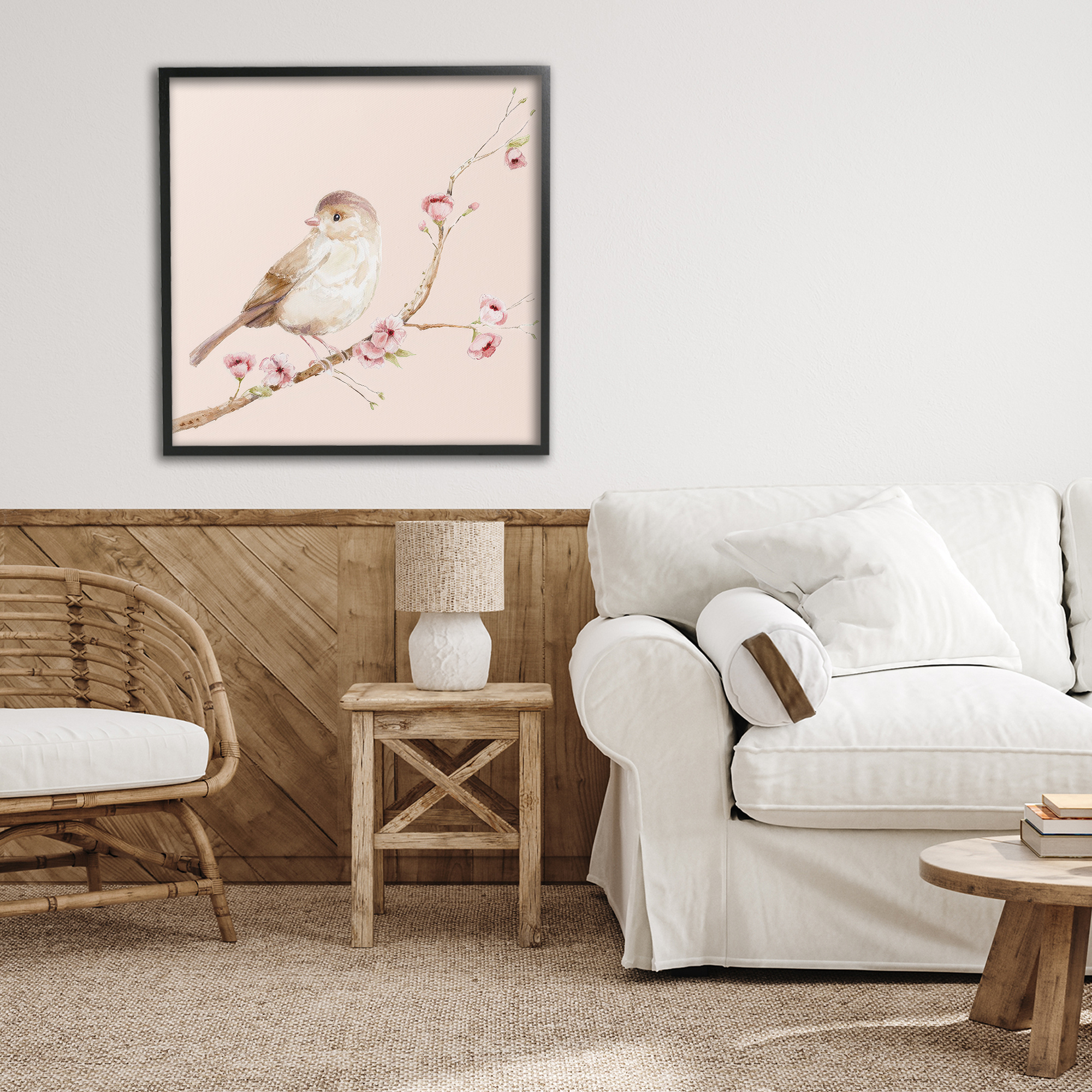 Sweet Brown Bird Perched Black Framed Giclee Art, design by Lisa Wehmeyer