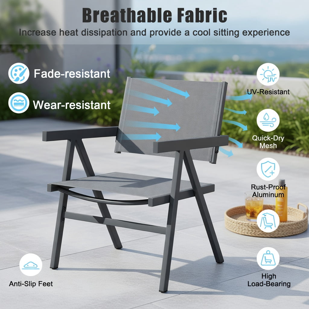 Hommoo 2-Pack Outdoor Patio Dining Chairs, Breathable Fabric Seat, Powder-Coated Metal Frame, Fade-Resistant & Ergonomic Design for Patio, Poolside & Backyard, Gray