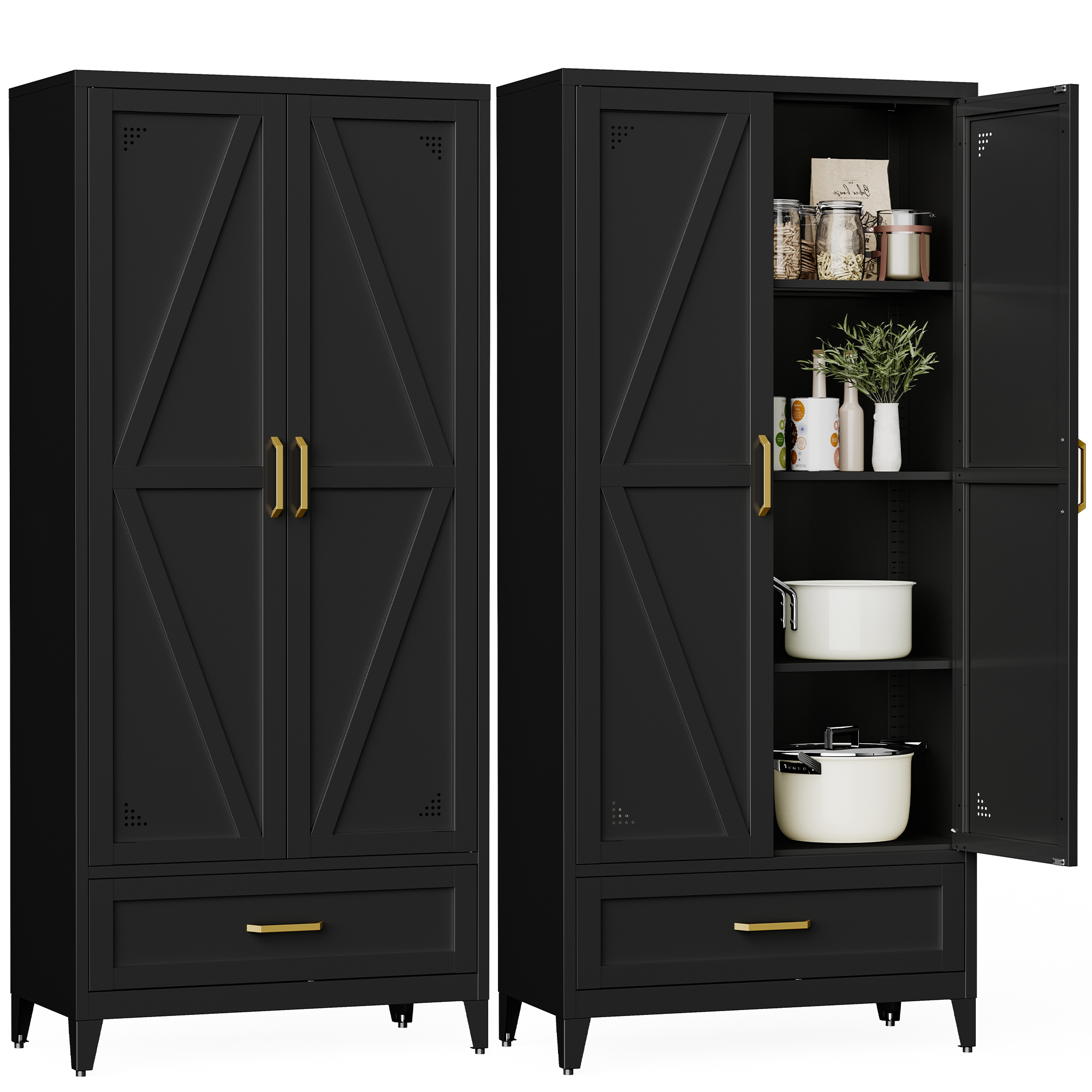 CXUZCZ 71" Tall Metal Storage Cabinets,Kitchen Pantry Cabinet with 3 Adjustable Shelves and 1 Drawer,Freestanding Cupboard for Kicthen,Dining Room,Living,Hallway,Black