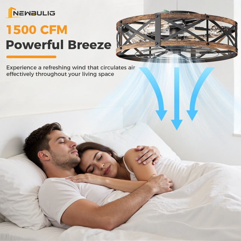 Gianna 19 Inch Ceiling Fans with Lights, Caged Ceiling Fan with Remote, Farmhouse Low Profile Fandelier, Flush Mount for Living Room Bedroom,6 Wind Speeds, Gold