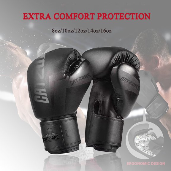 Catzons Boxing Gloves Sparring Fighting & Kickboxing Good Gloves for Kids Women Men 8oz 10oz 12oz 14oz 16oz-Black