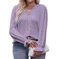 thumbnail image 4 of Tops de talla grande para mujer con cuello en V y volantes de manga larga con ojales, blusas huecas casuales de encaje de moda, 4 of 5