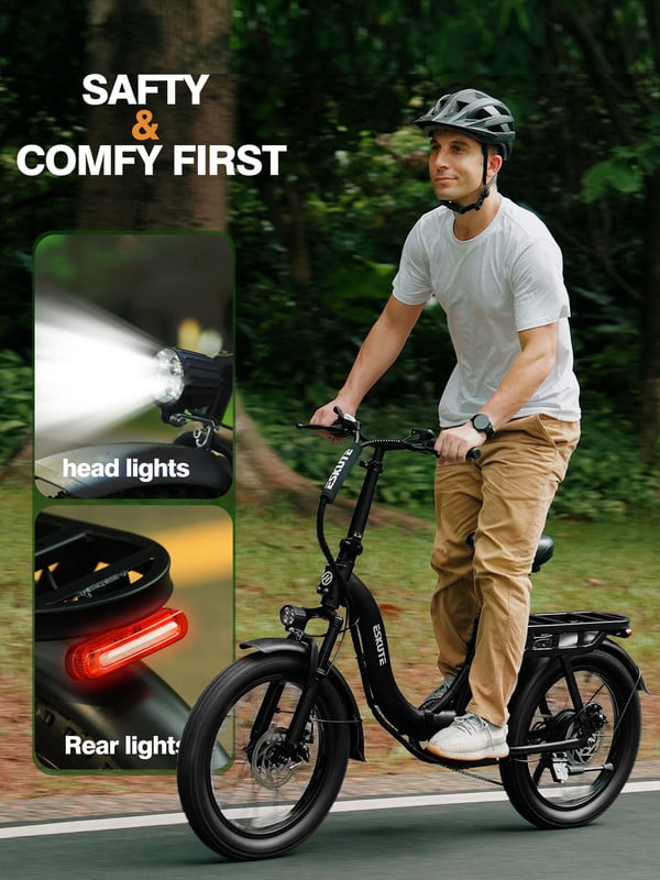 ESKUTE D200 Electric Bike for Adults 1200W Peak Motor 28 Mph, Folding Fat Tire E‑Bike, 48V 10.4Ah Up to 55 Miles, with 7‑Speed Step‑Through Cargo Fold E Bicycle, NFC Unlock, Black with Lock, UL2849
