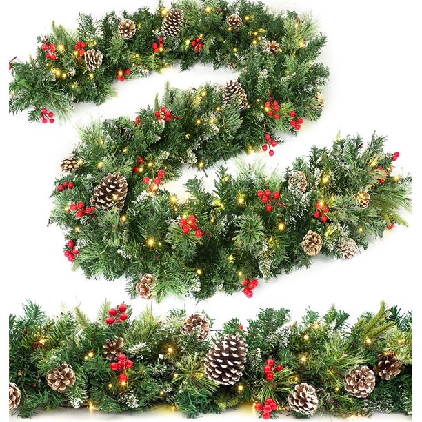 Myclong 9Ft Prelit Christmas Garland with 50 Warm LED Lights Timer 8