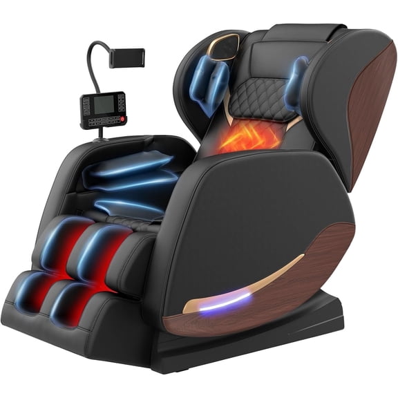 Znines Zero Gravity Full Body Massage Chair with 10-Point Fixed Massage, Lumbar Heat, Foot Roller & Airbags, Wood Grain Leather, Bluetooth,Black