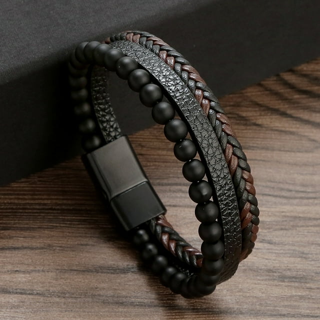 Pulsera de cuero para hombre con hebilla magnética de obsidiana de piedra natural, pulsera de cuentas tejidas de múltiples capas