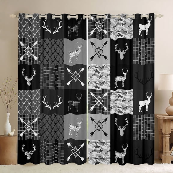 jejeloiu Woodland Animal Moose Black Out Curtains,Country Farmhouse Lodge Curtains Pack of 2 (42x63 Each),Gray Cmao Checkered Bedroom Curtains For Teens,Ultra Soft Home Decor