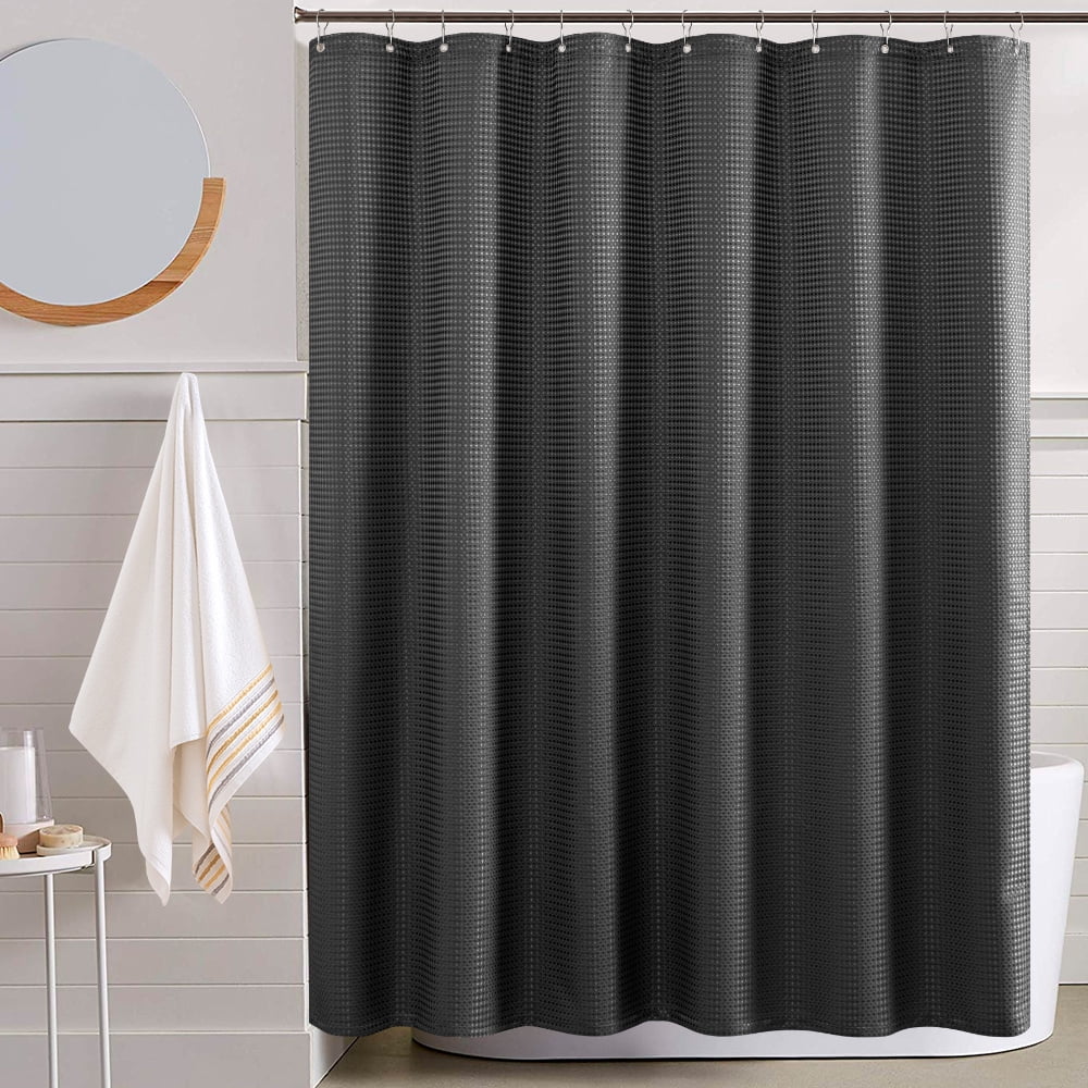 CURTAINKING Black Fabric Shower Curtain 70' x 72' Waffle Weave Pattern Curtains for Bathrooms Water Repellent with Curtain Hooks 1 Panel