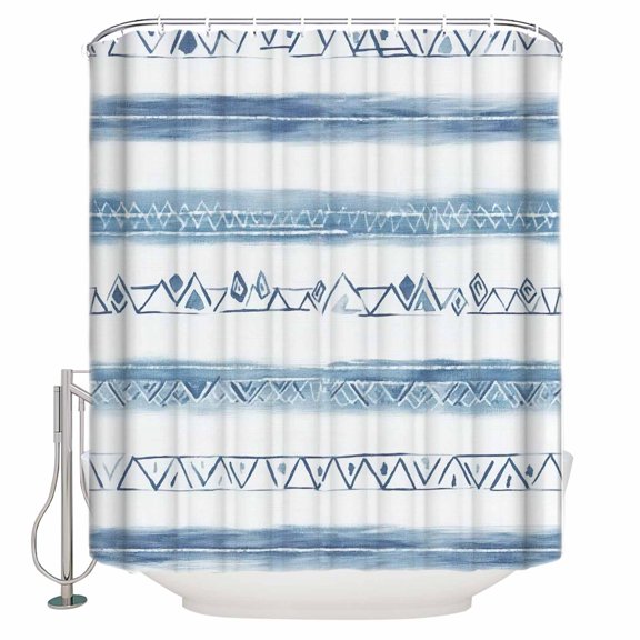 Abstract Shower Curtain, 36" x 72", Blue Gradient Geometric Striped Retro Farmhouse Waterproof Bathroom Curtain Washable Shower Curtain Set with 12 Hooks
