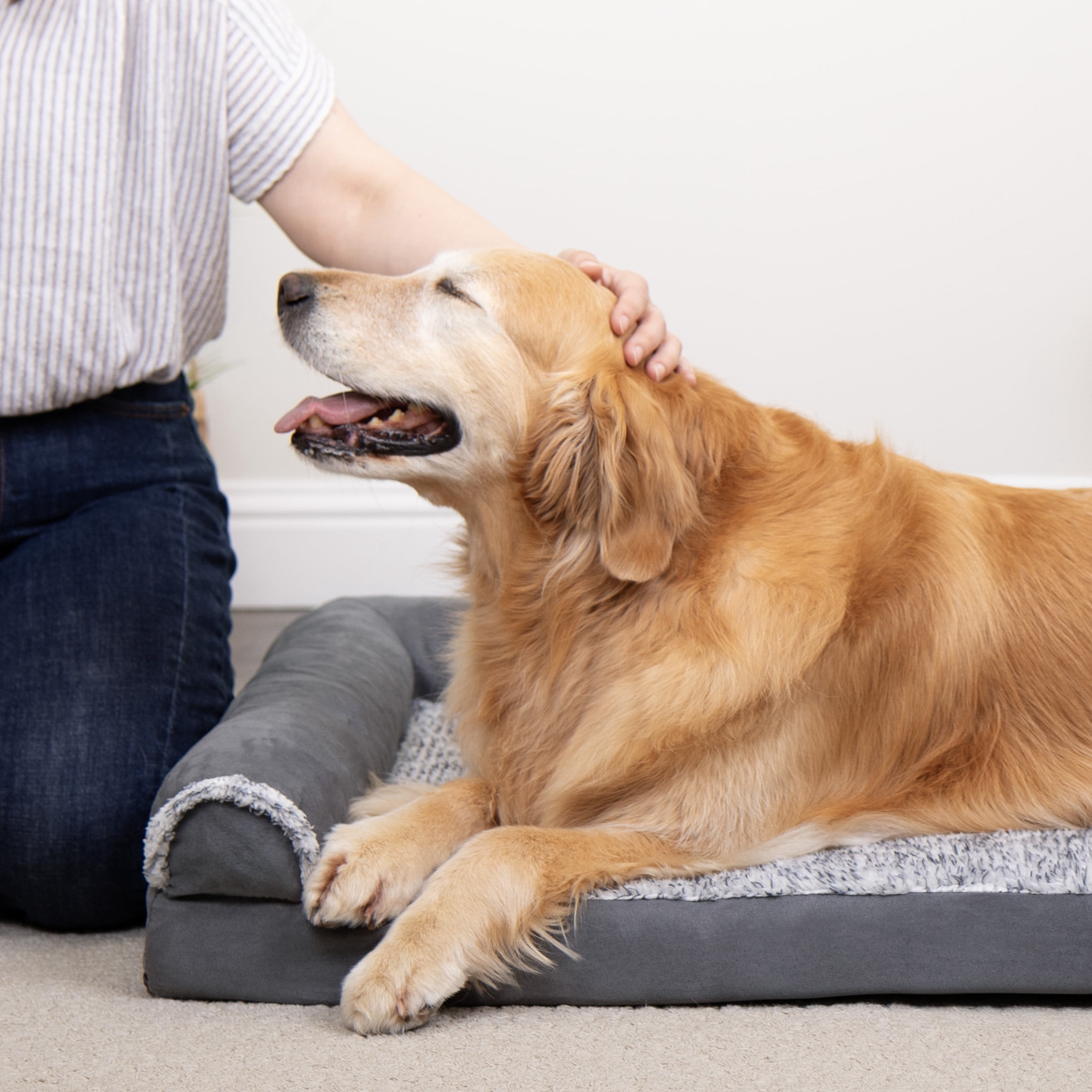 FurHaven Pet Products Two-Tone Faux Fur & Suede Orthopedic Deluxe Chaise Lounge Pet Bed for Dogs & Cats - Stone Gray, Large