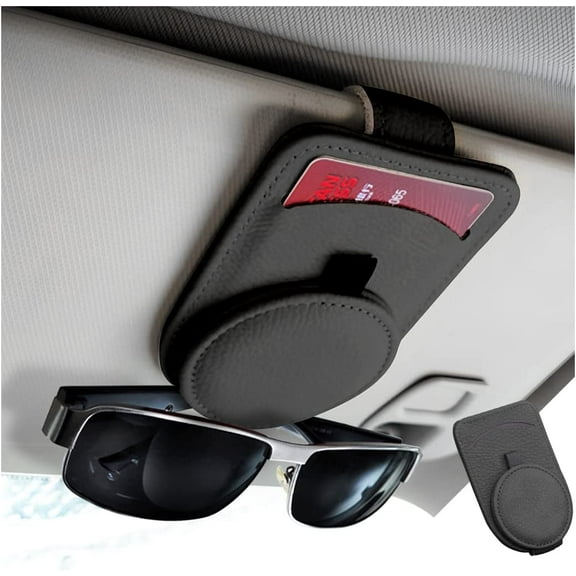 Magnetic Leather Sunglass Holder for Car, Eyeglasses Holder Clip with Magnet Adsorption for Car Sun Visor, Sunglasses Mount for Storing Glasses Card, Car Accessories (Black)