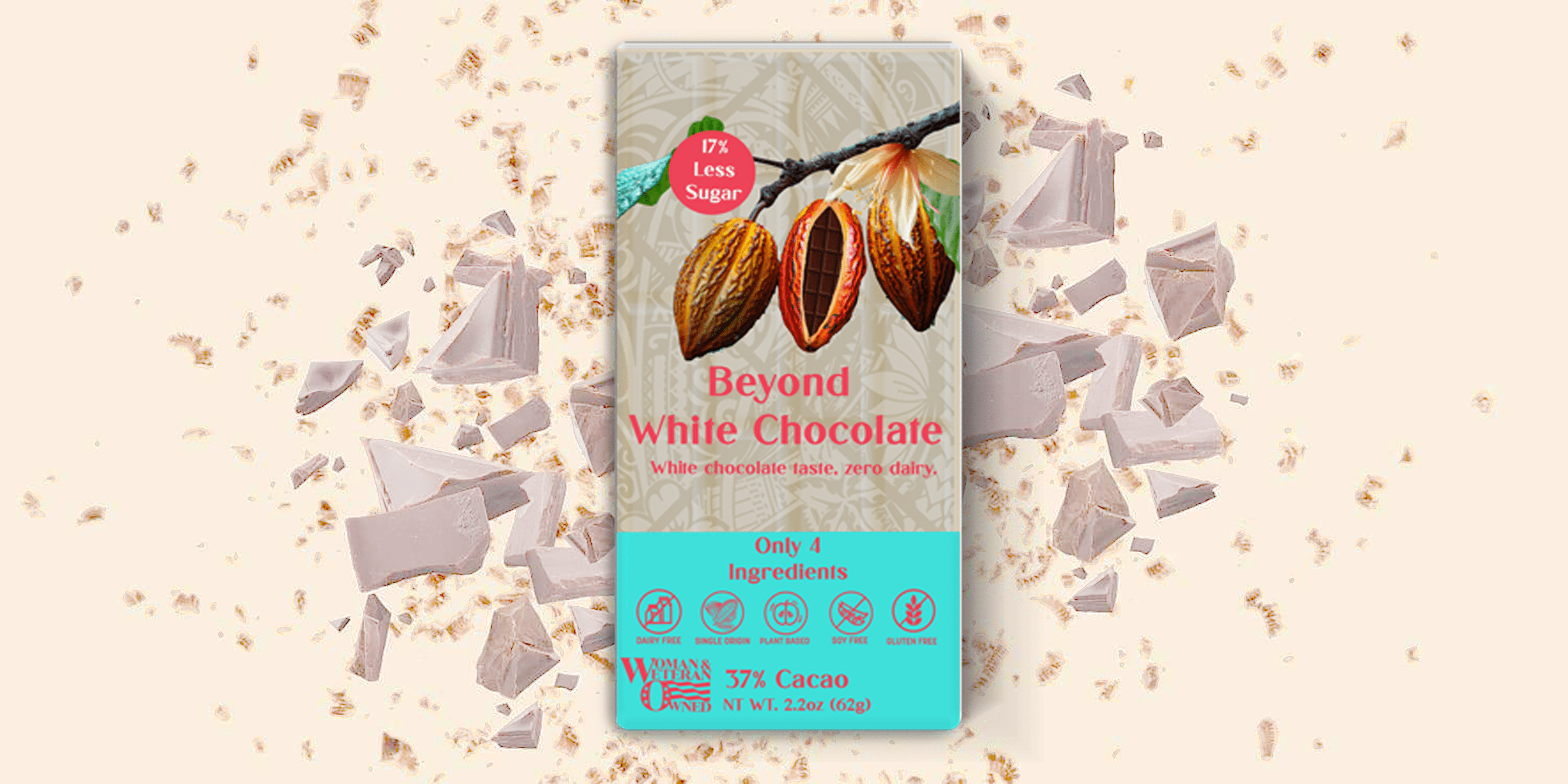 Beyond White Chocolate Bar - Dairy-free | 2.2 Ounce (Pack of 6) | Organic, Low Sugar, 37% Cacao, Plant Based, Dairy Free, Gluten-Free | Single Origin