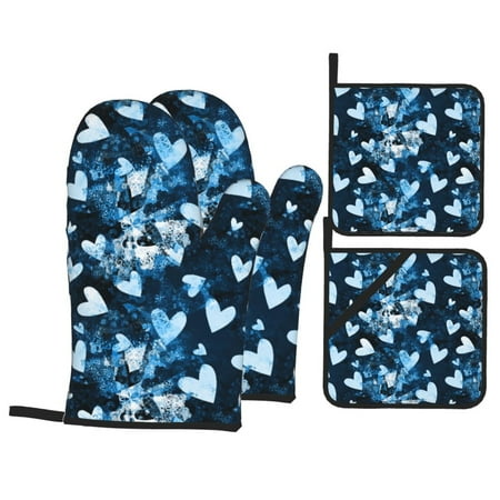 

Oven Mitts and Pot Holders Sets 4 pcs Ice Blue Heart Non-Slip Oven Gloves Potholders Soft Quilted Lining Heat Resistant Gloves Hot Pads for Kitchen Cooking Baking