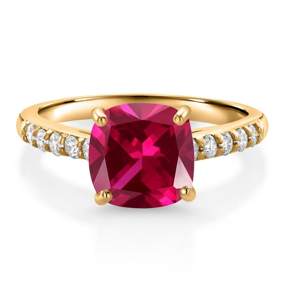 Gem Stone King 2.70 Ct Cushion Red Created Ruby G/H Lab Grown Diamond 10K Yellow Gold Engagement Ring (Size 7)