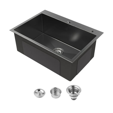 Cobbe Black 27 inches Single Bowl Drop-in Kitchen Sink, Stainless Steel 2-Hole