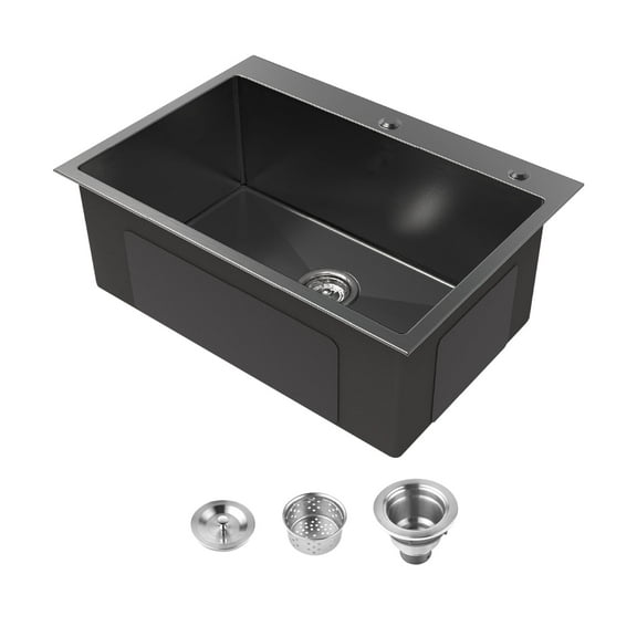 Cobbe Black 27 inches Single Bowl Drop-in Kitchen Sink, Stainless Steel 2-Hole