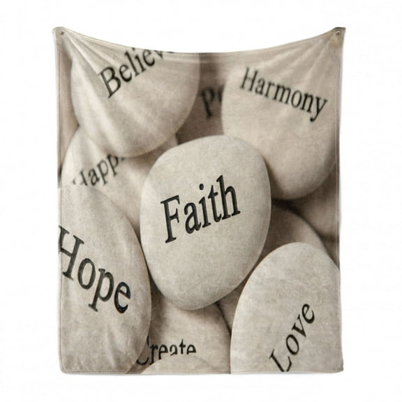 Faith Soft Flannel Fleece Throw Blanket, Words on Rocks Meditative and Cheerful Believe Harmony, Cozy Plush for Indoor and Outdoor Use, 70" x 90", Dust Pale Tan, by Ambesonne
