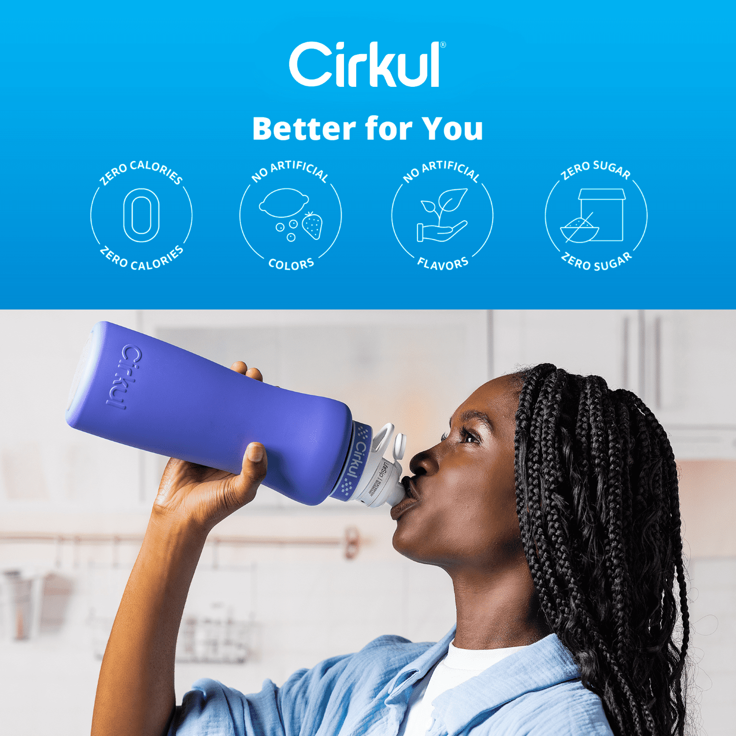 Cirkul 32oz Periwinkle Stainless Steel Starter Kit with Periwinkle Cirkul Lid 2.0 and 2 Flavor Cartridges (Blackberry Blueberry & Berry Blue Punch)