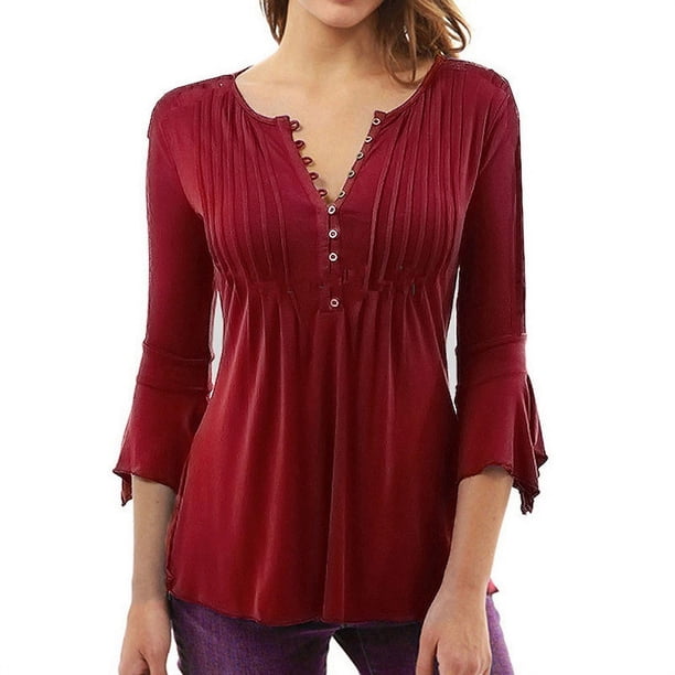 Blusa de mujer Casual Mangas de trompeta Tops Camisas con cuello en V Botton Vestido de color sólido Xemadio CJWUS-4222