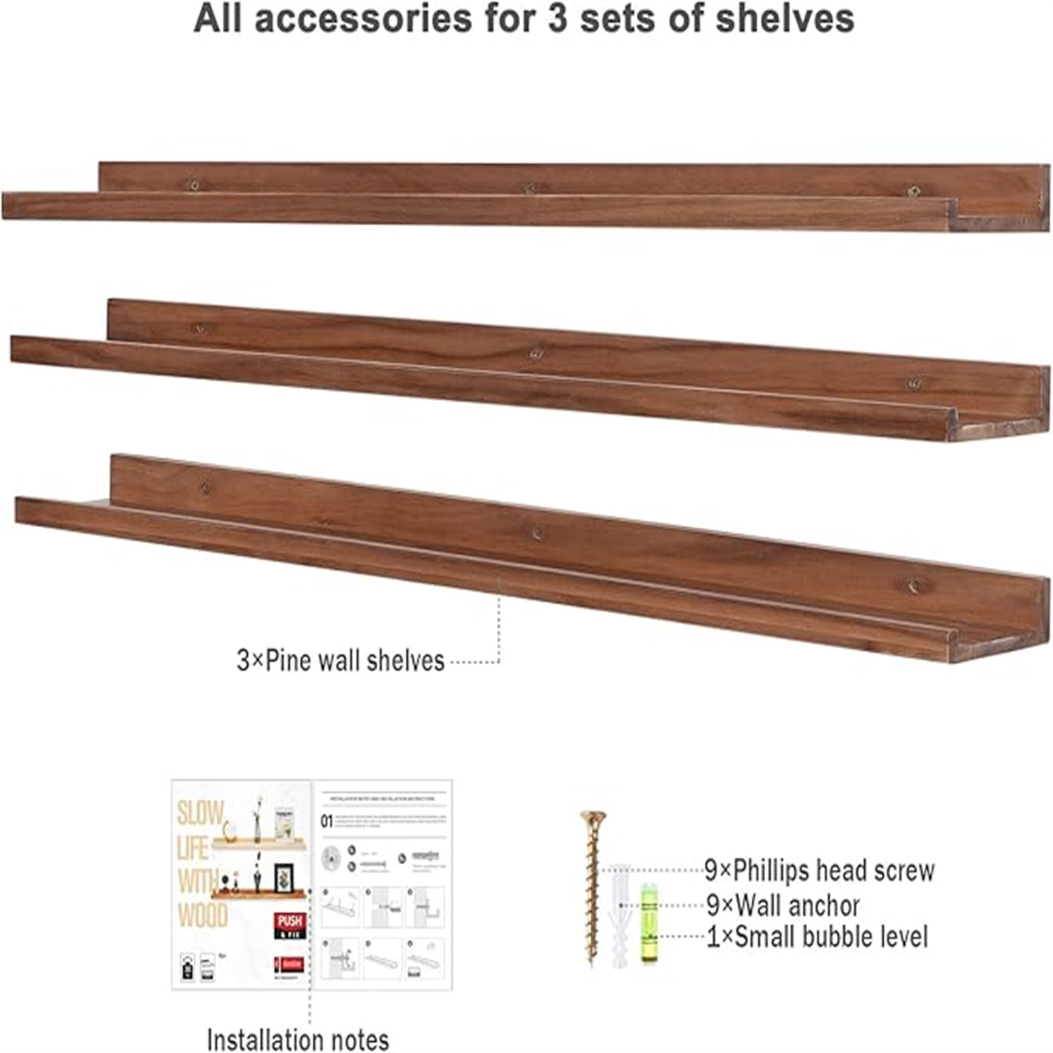48 Inch Long Floating Shelves Wall Mounted Light Walnut Narrow Photo Picture Ledge Shelves Set of 3 Nursery Book Shelves Photo Frames Display Shelves Kitchen Spice Rack