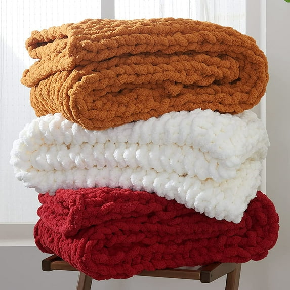 Longhui Bedding Handmade Chunky Knit Blankets, Luxurious Chenille Cable Knit Throw Blanket Yarn for Couch Sofa and Bed, Ultra Soft Decorative Mustard Yellow Christmas Blanket, Machine Washable 51 x 63