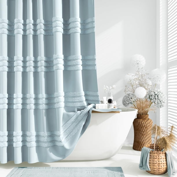 Dynamene Cortina De Ducha De Tela Larga, 71.7 X 78.0 In, Con Textura De Chenilla Copetuda, Cortinas De Ducha De Tela Alta A Rayas Para Decoración De Baño, Gran Hotel, Spa, Juego De Cortina De Ducha Im