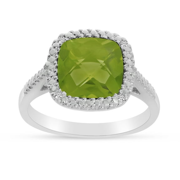 14k White Gold Cushion Cut Peridot And Diamond Ring