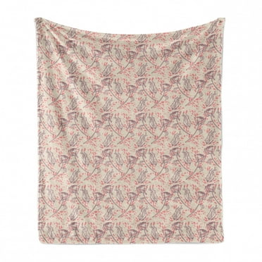 Floral Soft Flannel Fleece Blanket, Romantic Rose Branches Feminine with Feathers and Splashes Girly Spring, Cozy Plush for Indoor and Outdoor Use, 50" x 70", Eggshell Plum and Blush, by Ambesonne
