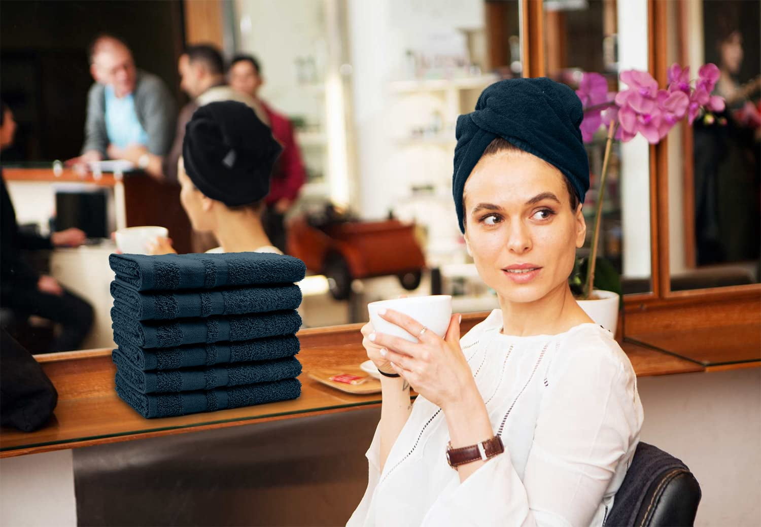 Dan River Salon Towel Pack of 24 Soft Quick Dry Absorbent Cotton Spa hand Towel - Navy 16x26in