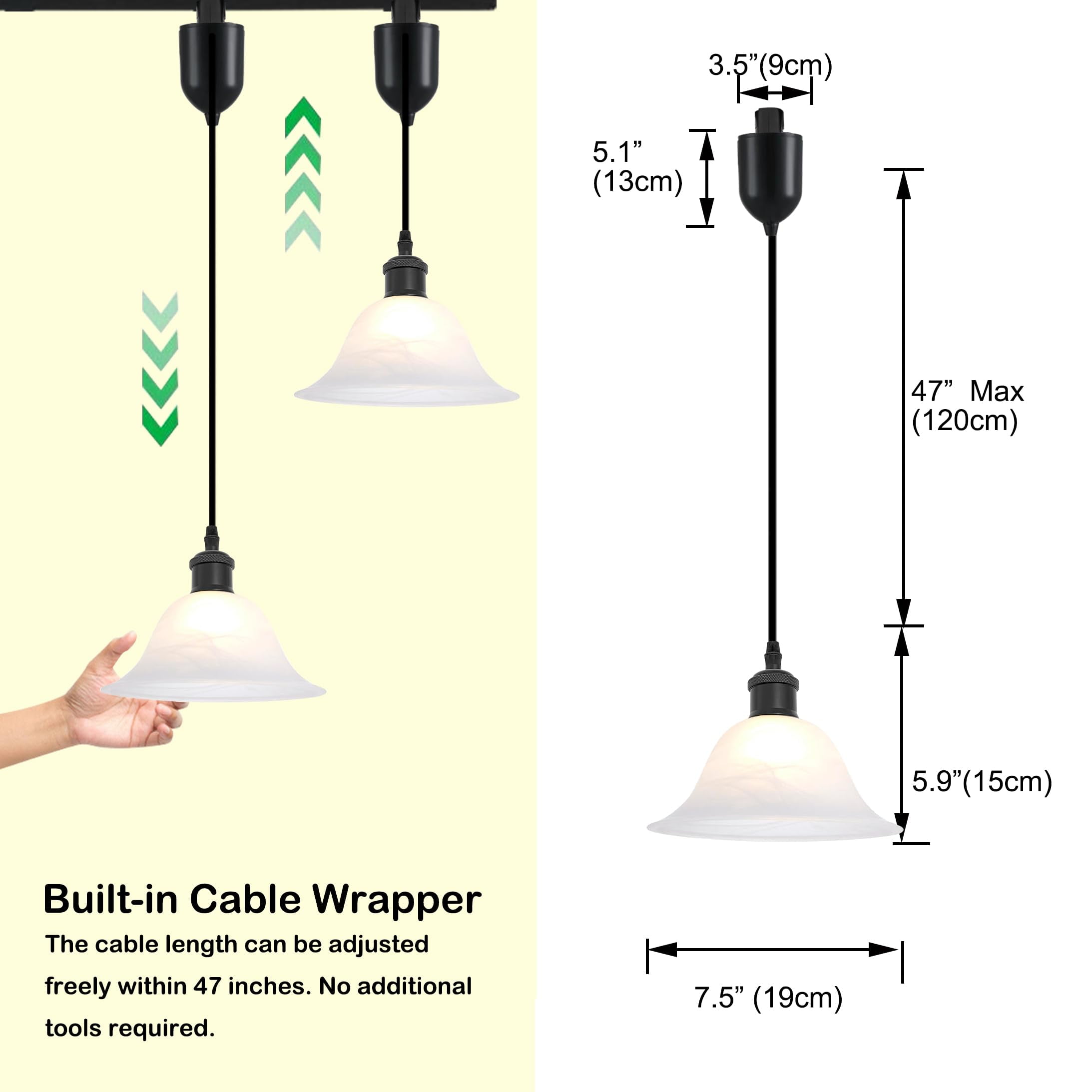 Kiven H-Type Track Lighting Pendants Adjustable Height,Modern h Track Pendant Lights with Alabaster Glass Shade,Track Lighting Fixture for Kitchen Island Hallway, 1 Light(Black)