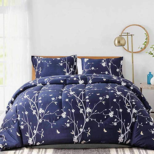 Nanko Comforter Set King Size Navy Blue Branch And White Fl Print 104 X 90 Inch Nanko Comforter Set King Size Navy Blue, Modern Bedding Sets King
