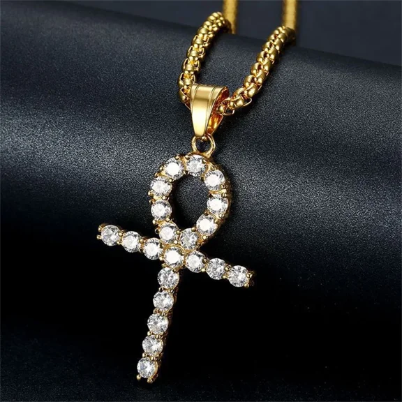 Ankh Cross Pendant Necklace for Men Women, 14K Gold Filled No Fade Long Link Chain Hip Hop Fashion Statement Jewelry