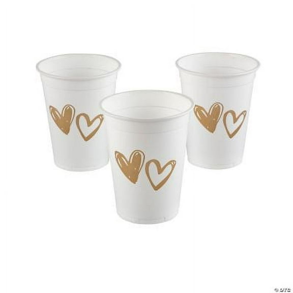 White with Gold Hearts Plastic Cups, Birthday, Party Supplies, 50 Pieces