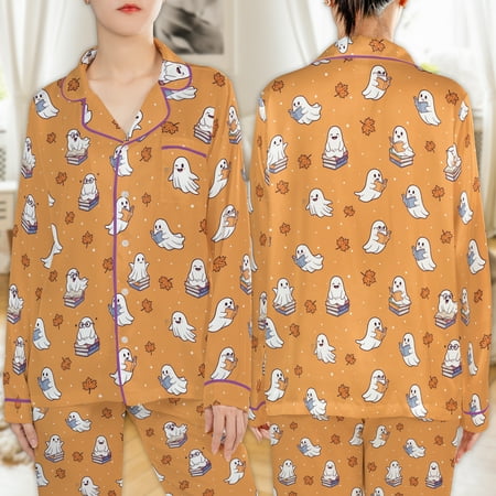 Lotusprinthandmade Cute Ghost and Books Graphic All-over Print Satin Pajamas Set (L) bookish ghost pajamas