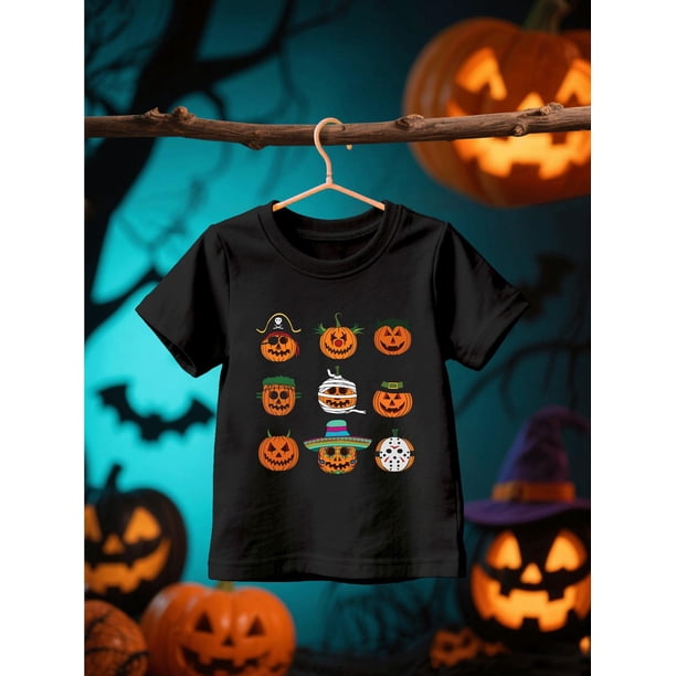 Halloween T-shirt - Boys' Halloween Jack-O'-Lantern Print T-Shirt - Playful Cartoon Pumpkins, Perfect for Spring & Summer Casual Wear, Halloween, Halloween Shirts