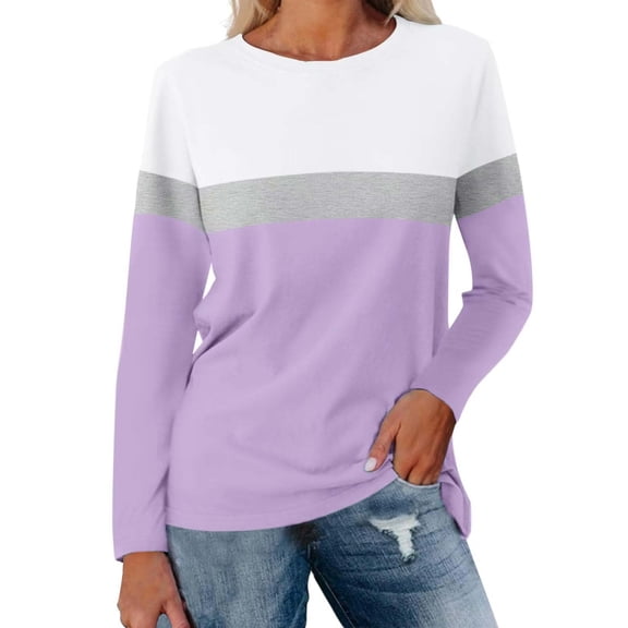 Shirts for Women Color Block Tunic Tops Casual Long Sleeve Shirts Round Neck Pullover