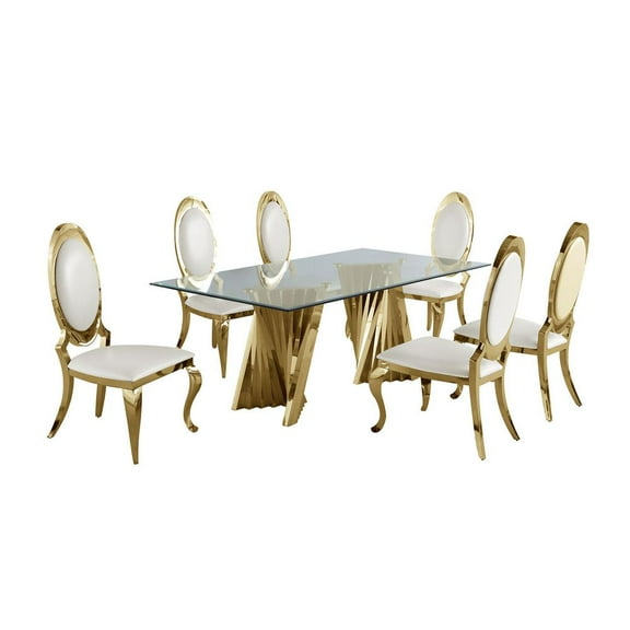 Clear Glass Dining Set with Table and 6 Oval White Faux Leather Chairs